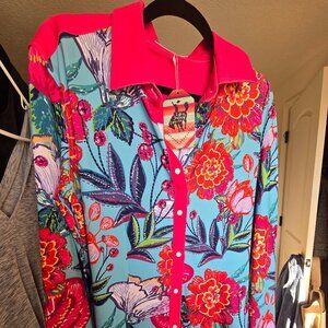 Bright Blue Floral Button-Down Shirt with Pink Trim